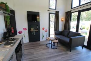 a living room with a couch and a table at Knusse Tiny House in de natuur in Baarle-Nassau