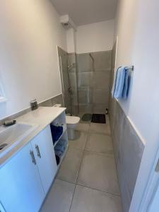 a bathroom with a sink and a toilet and a shower at Shaunagh's Place Crag Apartment in Kalymnos