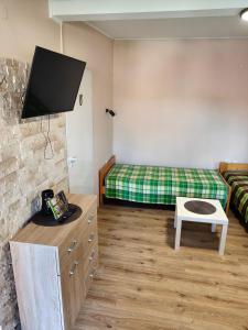 a room with a couch and a bed and a tv at U Władzia in Gowidlino