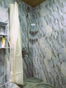 a shower in a bathroom with a stone wall at racha cozy cottage in Ambrolauri +26 photos