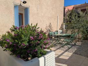 a garden with a table and purple flowers in front of a building at Charmant studio Vias village in Vias