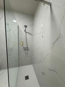 ein Badezimmer mit Dusche und weißen Marmorwänden in der Unterkunft Hotel Ribadouro in Alijó + 63 Fotos