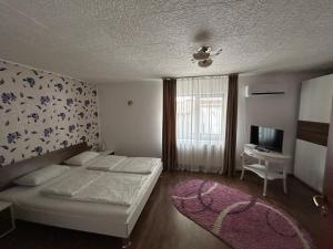 a bedroom with a bed and a desk and a television at Casa Bașu in Băile Herculane +13 photos