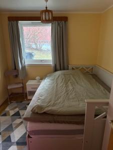 a bedroom with a bed and a window at Sissels Guesthouse in Andøya