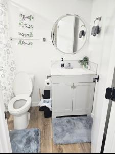 a bathroom with a white toilet and a mirror at Snug 2 bedroom sleeps 5-Netflix in Edmonton +18 photos