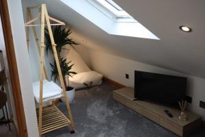 a living room with a skylight and a television at Lush Rooms Bedminster in Bristol