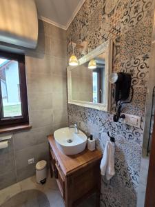 a bathroom with a sink and a mirror at Jagodowa Czulnia in Zwierzyń +23 photos