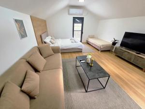 a living room with a couch and a table at Promo Studio Apartment in Pirot
