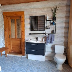 a bathroom with a sink and a toilet at Guest House Lēveri in Valgalciems +106 photos
