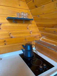 a tea kettle on a stove in a wooden kitchen at Mira Bungalov in Trabzon +14 photos