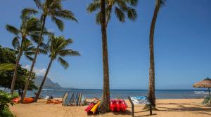 a beach with palm trees and surfboards on it at NEW Sunset Hideaway with Beach Access Pools & AC in Princeville