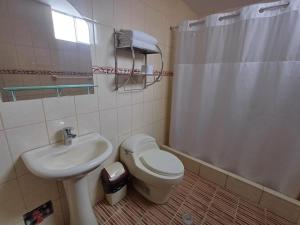 a bathroom with a sink and a toilet and a shower at Colca Terra in Chivay