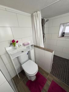 a white bathroom with a toilet and a sink at Landglück in Ibbenbüren