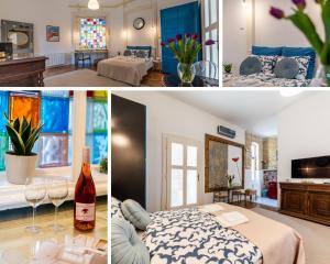a collage of photos of a bedroom and a living room at Mignon Szeged Apartman in Szeged