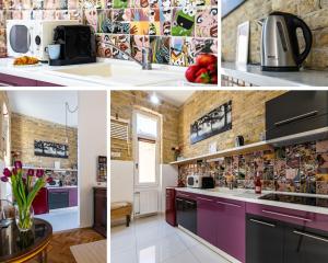a collage of photos of a kitchen with purple cabinets at Mignon Szeged Apartman in Szeged +49 photos