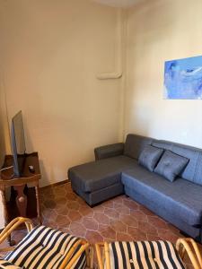 a living room with a couch and a tv at PALIO LIMANI HOUSE in Spetses