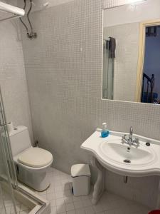 a bathroom with a sink and a toilet and a mirror at PALIO LIMANI HOUSE in Spetses +23 photos