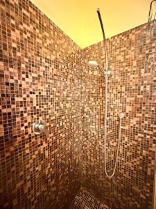 a bathroom with a shower with brown tiles at Terrazza Le Grazie in Le Grazie +32 photos