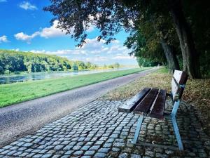 a bench sitting on the side of a road at ElbUfer Glück in Schieritz +3 photos