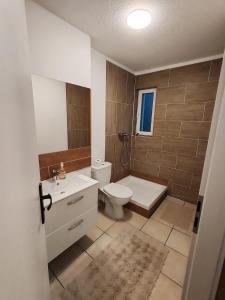 a bathroom with a toilet and a tub and a sink at Basel Access Apart - Habsheim in Habsheim +9 photos