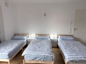 three beds are lined up in a room at LuxApart2Cologne in Kerpen