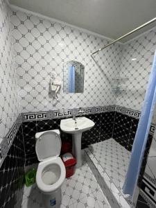 a small bathroom with a toilet and a sink at Ichan Kala Silk Road Guest House in Khiva
