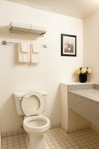 a bathroom with a toilet and a sink and towels at Village Inn & Suites in Sarnia +28 photos
