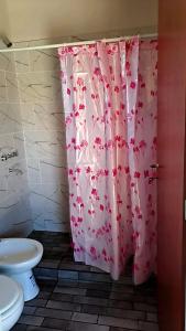 a bathroom with a pink shower curtain with a toilet at Casa de la Sierras in Cerro de Oro +23 photos