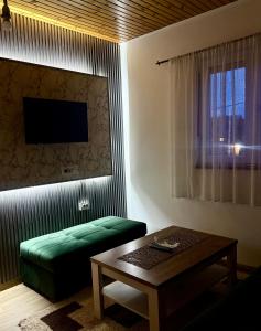 a living room with a green couch and a table at Apartments Anđela in Žabljak