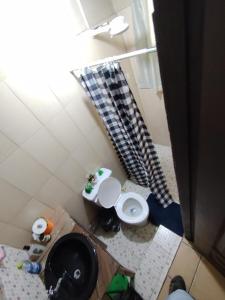 a small bathroom with a toilet and a sink at Casa Amarilla hostel in Bajo Boquete +2 photos
