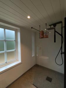 a bathroom with a shower and a window at Tronstadbu- 1800s Cabin near Geirangerfjord & Slogen Hike in Hellesylt +19 photos