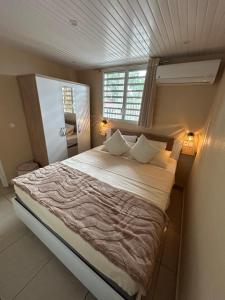 a bedroom with a large white bed with two pillows at Le Papillon in Le Moule +58 photos
