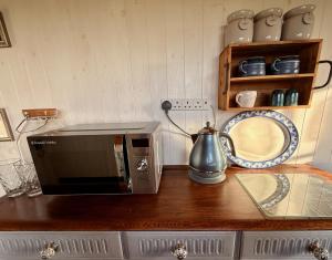 a microwave sitting on top of a kitchen counter at Shepherd's Hut near Oxford in Cumnor +12 photos