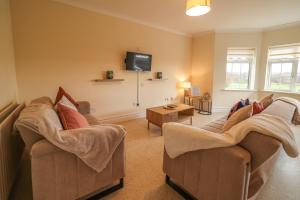 a living room with two couches and a tv at Hillside House- Pine View in Ballinamuck