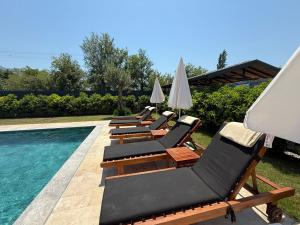 a row of lounge chairs next to a swimming pool at Villa Atay in Dalyan