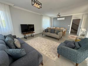 a living room with two couches and a television at Villa Atay in Dalyan
