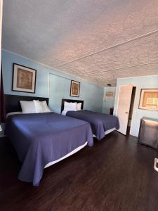 two beds in a bedroom with blue walls and wooden floors at CMI Hotel 1935 Myrtle Beach SC in Myrtle Beach