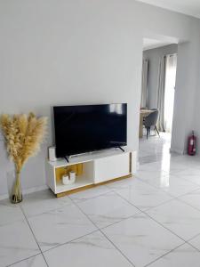 a living room with a flat screen tv on a white wall at Anasa house in Symi