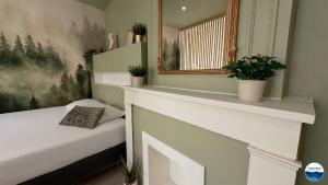 a room with a fireplace with a mirror and plants at La Suite Vegetale Studio Prestige Hyper Centre in Mâcon