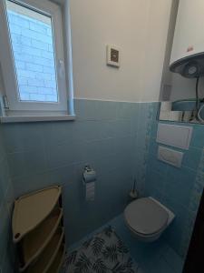a small bathroom with a toilet and a window at Apartmán pod Čebraťom in Ružomberok