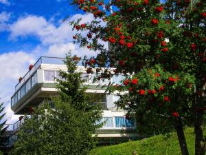 a building with red flowers in front of a tree at Res. Marilleva 1400 Apt.Solandra in Mezzana