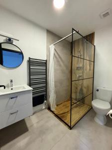 a bathroom with a shower and a toilet and a sink at Apartmán Gabi in Lučenec +12 photos