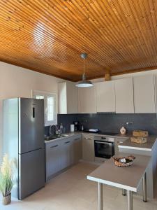 eine Küche mit Edelstahlgeräten und einer Holzdecke in der Unterkunft Kampos View in Ágios Nikólaos