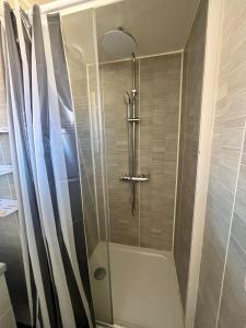 a shower with a glass door in a bathroom at Maison de village in Collanges +15 photos