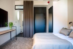 a hotel room with a bed and a desk at Villa Aria in Krynica Zdrój
