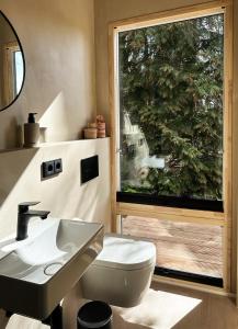 a bathroom with a toilet and a sink and a window at Tiny House 2 mit Garten in der Lüneburger Heide in Soltau
