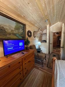 a living room with a flat screen tv in a cabin at The Drake Cabin in The Forest in Cosby