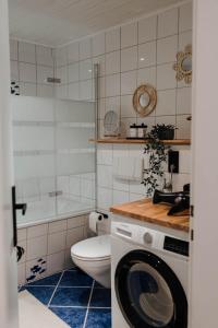 a bathroom with a toilet and a washing machine at Garden Spa Suite - Private Sauna & Whirlpool in Betzdorf +33 photos