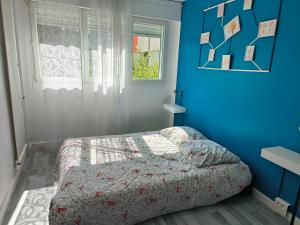 a bedroom with a bed and a blue wall at Chambre spacieuse - appart sympa chez l'habitant in Saint-Herblain