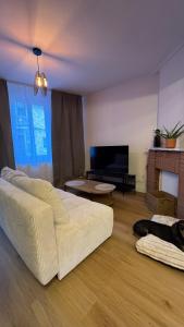 a living room with a white couch and a tv at Le 120 Amiens in Amiens